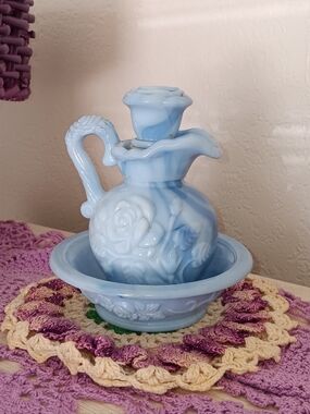 Avon Blue and White Marbled Glass Pitcher with Bowl